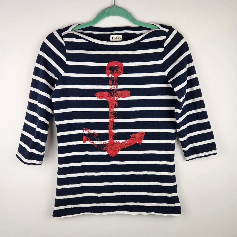 Hatley Women's Striped Anchor 3/4 Sleeve Boatneck Top sz S